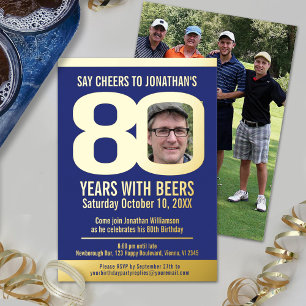 80th Birthday party blue gold foil photo beer Invitation