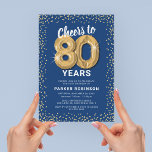80th Birthday Party Blue Gold Invitation<br><div class="desc">Elegant eightieth birthday party invitation featuring a trendy blue background that can be changed to any color,  gold sparkly glitter,  eighty gold hellium balloons,  and a modern 80th birthday celebration text template that is easy to personalize.</div>