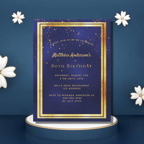 80th birthday party blue gold shiny invitation postcard