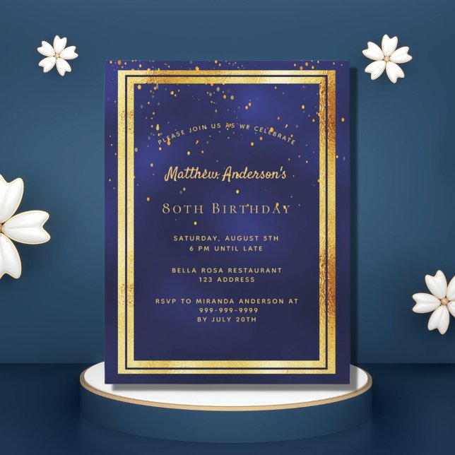80th birthday party blue gold shiny invitation postcard (Creator Uploaded)