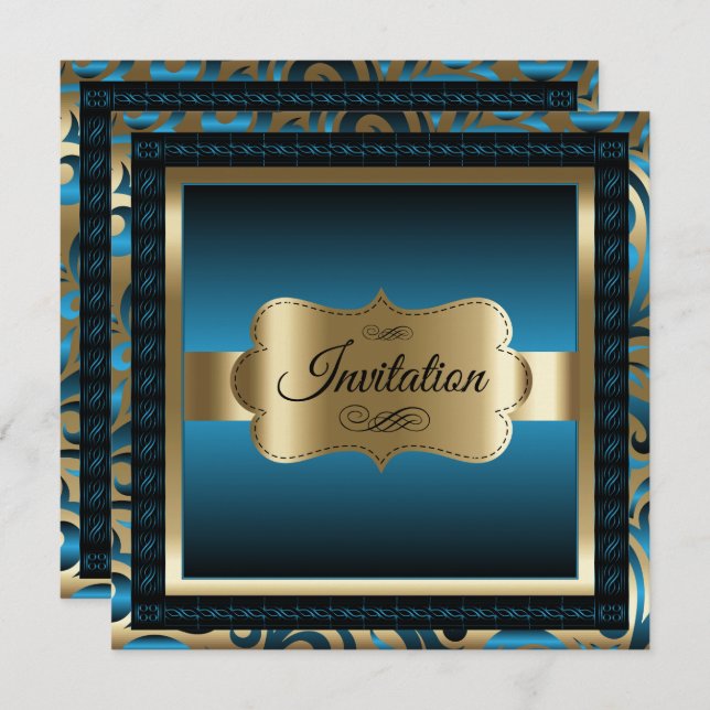 80th Birthday Party | Blue Metallic & Gold Invitation (Front/Back)