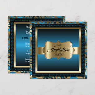 80th Birthday Party Blue Metallic & Gold Invitation