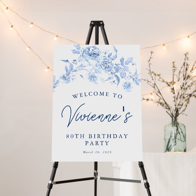 80th Birthday Party Blue Rose Floral Welcome Foam Board (In Situ (Stand))
