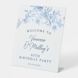 80th Birthday Party Blue Rose Floral Welcome Pedestal Sign