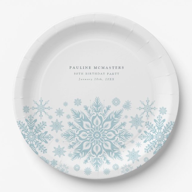 80th Birthday Party Blue White Snowflake Custom Paper Plates (Front)