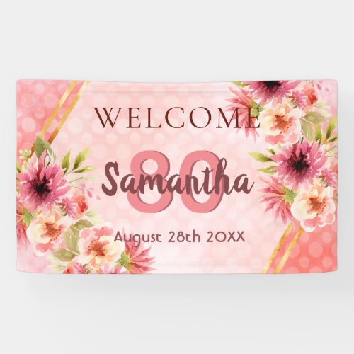 80th birthday party blush pink floral welcome banner