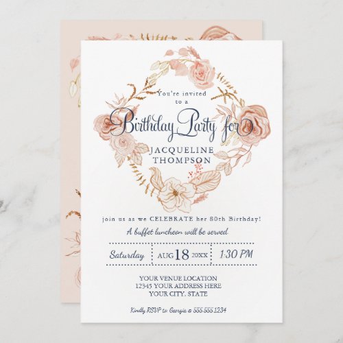 80th Birthday Party Blush Pink Watercolor Floral Invitation