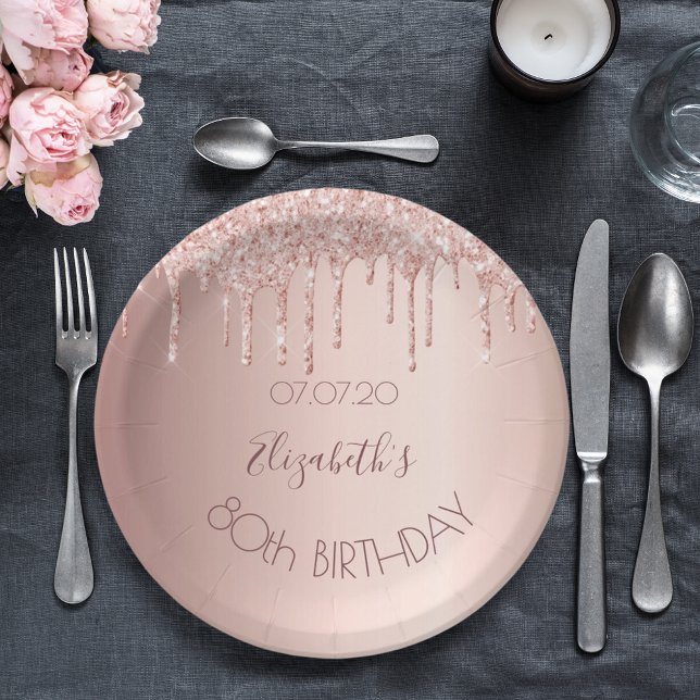 80th birthday party blush rose gold glitter drips paper plates (Creator Uploaded)