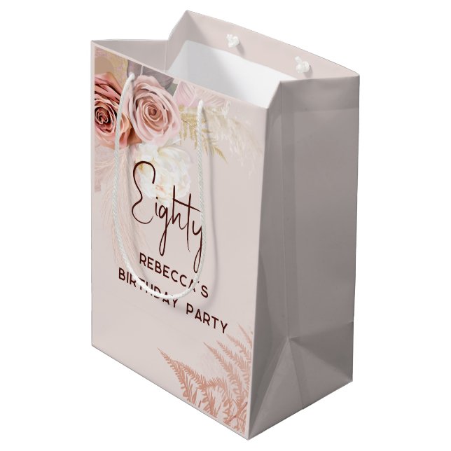 80th Birthday Party Boho Floral Custom Medium Gift Bag (Back Angled)