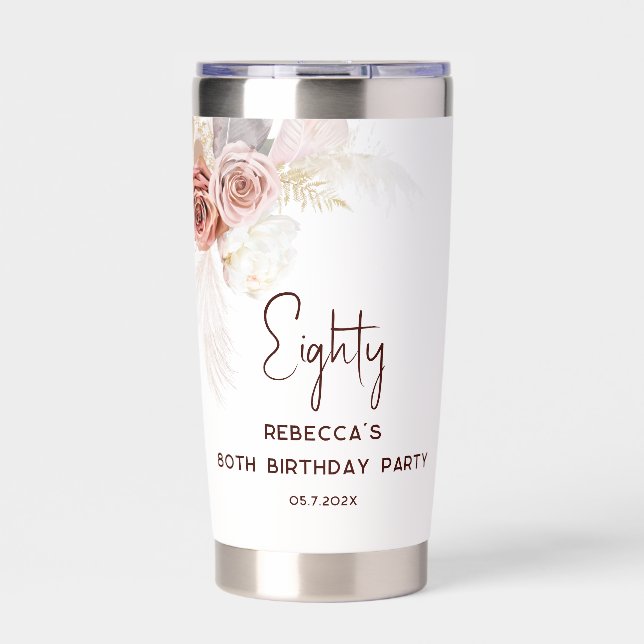 80th Birthday Party Boho Floral Watercolor Insulated Tumbler (Front)