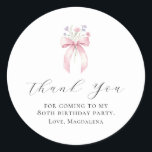 80th Birthday Party Bow Custom Thank You Favor Classic Round Sticker<br><div class="desc">Thank your guests for coming to your birthday party with this personalized thank you favor sticker.  It features a blush pink coquette bow accented with pink and blue wildflowers. Thank you is written in a lovely open script. Three lines let you customize your appreciation. All text is editable.</div>