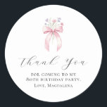80th Birthday Party Bow Custom Thank You Favor Classic Round Sticker<br><div class="desc">Thank your guests for coming to your birthday party with this personalized thank you favor sticker.  It features a blush pink coquette bow accented with pink and blue wildflowers. Thank you is written in a lovely open script. Three lines let you customize your appreciation. All text is editable.</div>