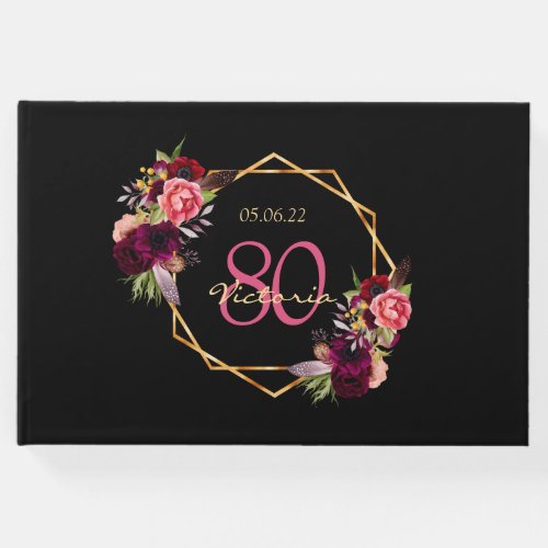 80th birthday party burgundy florals geometric guest book