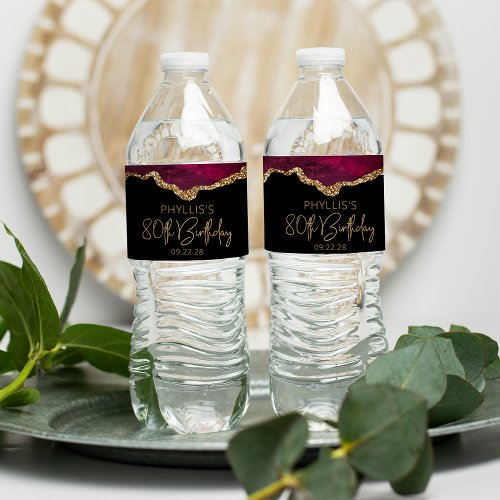 80th Birthday Party Burgundy Gold Agate Water Bottle Label