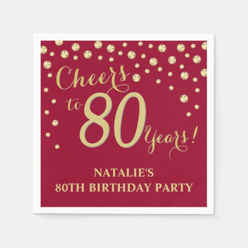 80th Birthday Party Burgundy Red and Gold Diamond Napkins