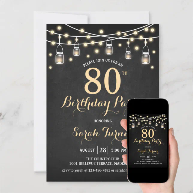 80th Birthday Party - Chalkboard Gold Invitation | Zazzle