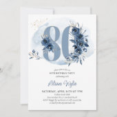 80th Birthday Party Coastal Blue Floral Number 80 Invitation (Front)