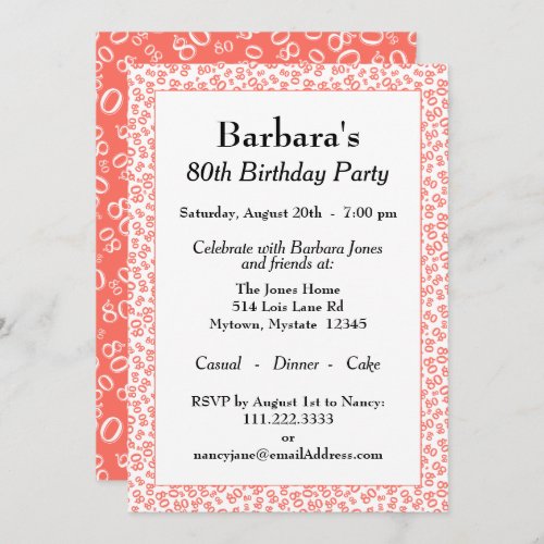 80th Birthday Party Cora and White Number Pattern  Invitation