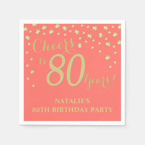 80th Birthday Party Coral and Gold Diamond Napkins