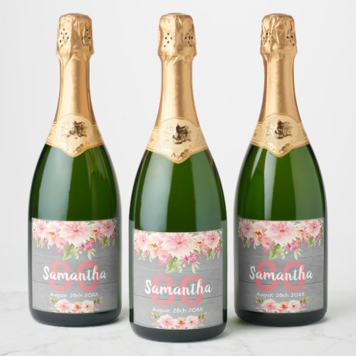 80th birthday party coral dahlia flowers gray sparkling wine label