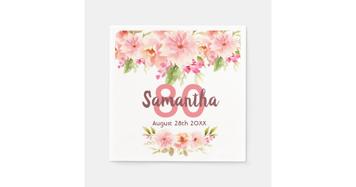 80th Birthday Party Coral Dahlia Flowers White Napkins Zazzle Com