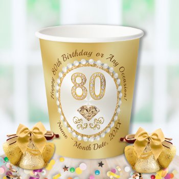 80th Birthday Party Cups  Ivory Pearls  Gold   Paper Cups by LittleLindaPinda at Zazzle