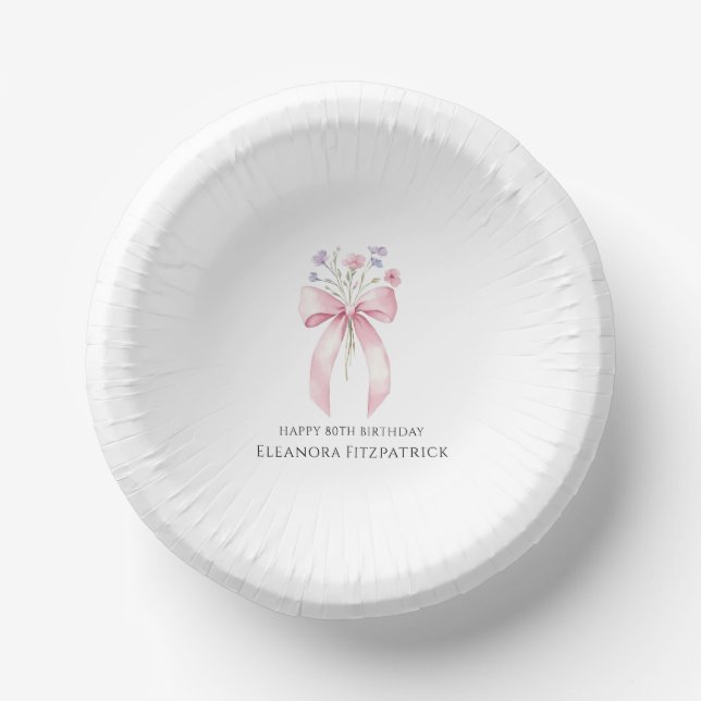 80th Birthday Party Custom Bow Wildflower Paper Bowls (Front)