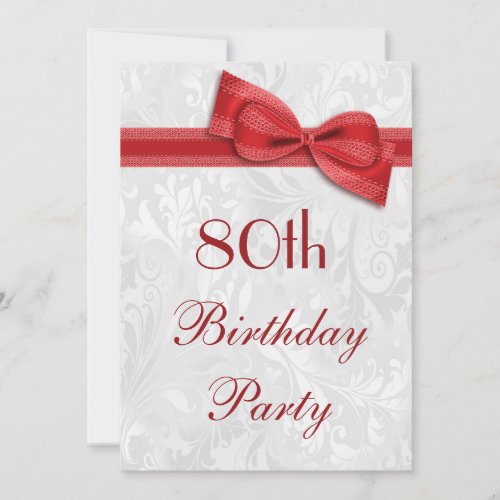 80th Birthday Party Damask and Faux Bow Invites