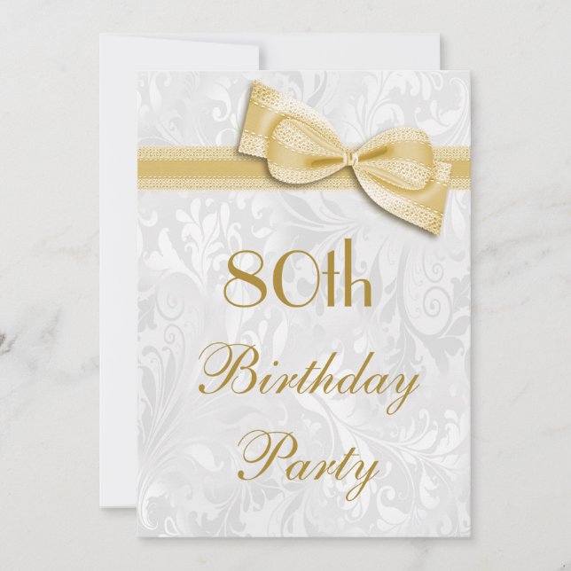 80th Birthday Party Damask and Faux Bow Invitation (Front)
