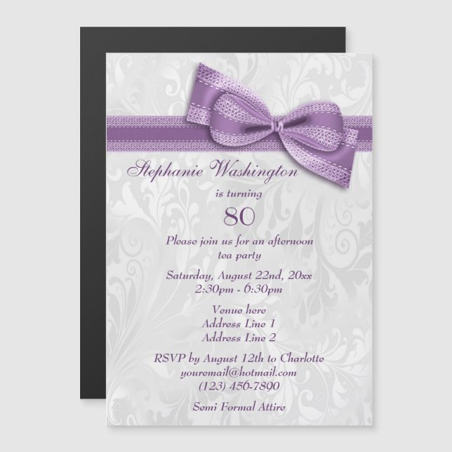 80th Birthday Party Damask and Faux Bow Magnetic Invitation (Front/Back)