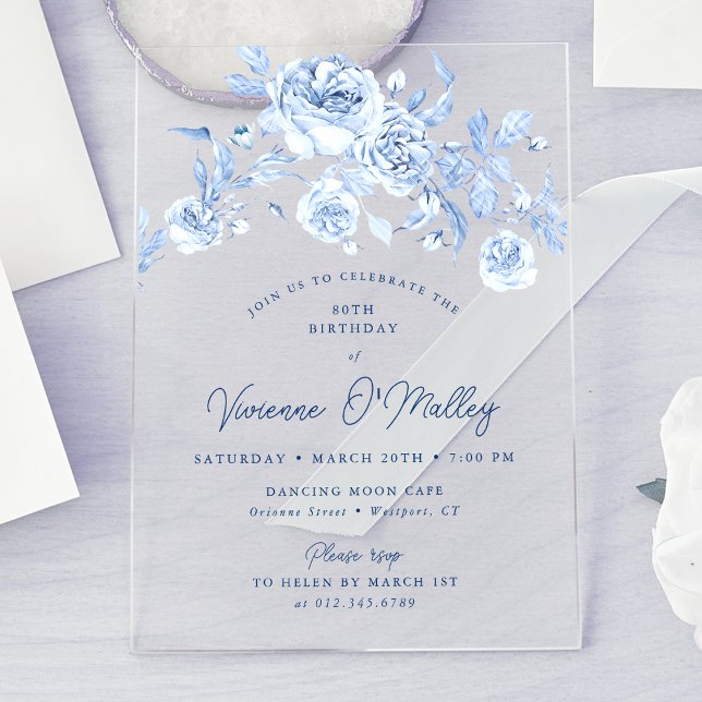 80th Birthday Party Dusty Blue Floral Acrylic Invitations (Creator Uploaded)