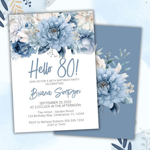 80th Birthday Party Dusty Blue Floral Invitation