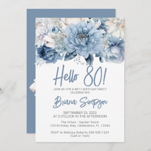 80th Birthday Party Dusty Blue Floral Invitation