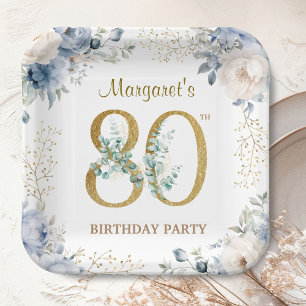 80th Birthday Party Dusty Blue Peony Gold Paper Plates