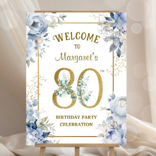 80th Birthday Party Dusty Blue Peony Welcome Sign