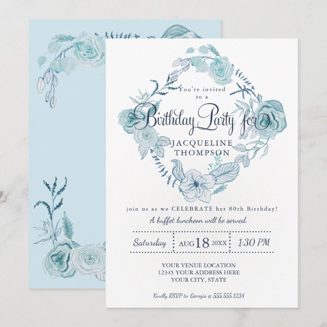 80th Birthday Party Dusty Blue Watercolor Floral Invitation (Front/Back)