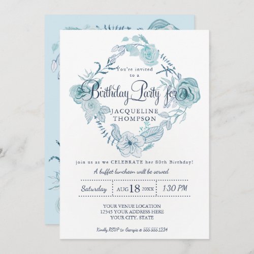 80th Birthday Party Dusty Blue Watercolor Floral Invitation