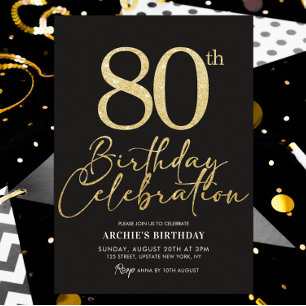 80th Birthday Party Elegant Black & Gold Glitter Invitation