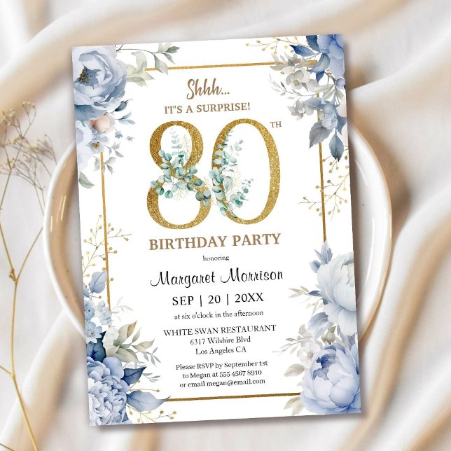80th Birthday Party Elegant Dusty Blue Floral Invitation (Creator Uploaded)