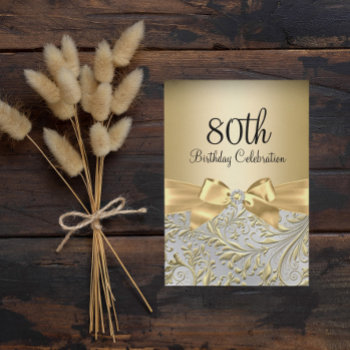 80th Birthday Party Elegant Gold Bow Floral Swirl Invitation by Zizzago at Zazzle