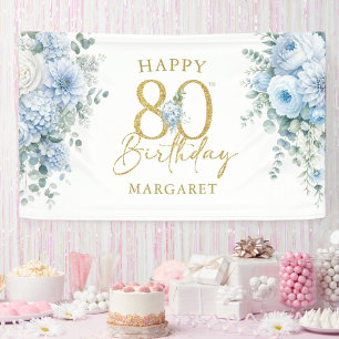 80th Birthday Party Elegant Gold Dusty Blue Floral Banner