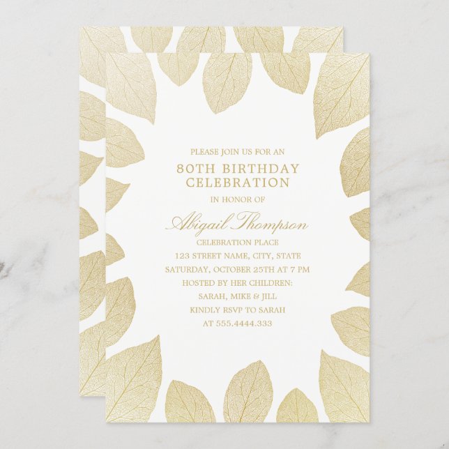 80th Birthday Party Elegant Gold Leaves Invitation (Front/Back)