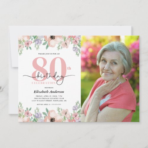 80th Birthday Party Elegant Pastel Floral Photo