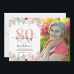 80th Birthday Party Elegant Pastel Floral Photo Invitation<br><div class="desc">This 80th birthday party invitation showcases a graceful watercolor floral border adorning the top and bottom and offers space for a photo of the honoree. The soft pastel hues of peach and purple offer a delicate and feminine charm,  perfect for a woman's birthday celebration.</div>