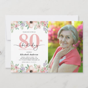 80th Birthday Party Elegant Pastel Floral Photo Invitation