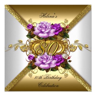 80th Birthday Party Elegant Purple Gold Roses 3 Card