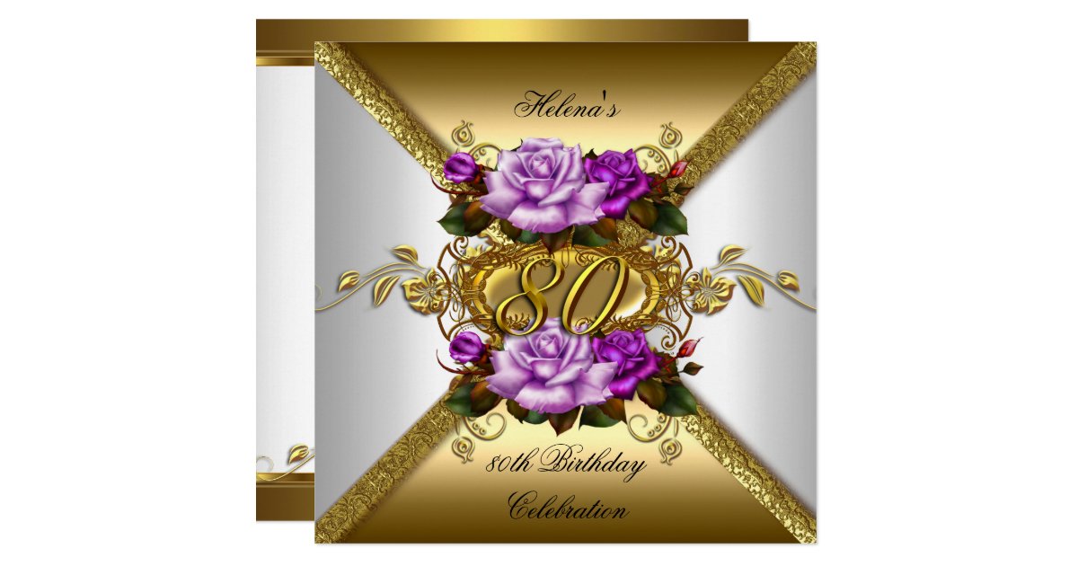 80th Birthday Party Elegant Purple Gold Roses 3 Invitation | Zazzle.com