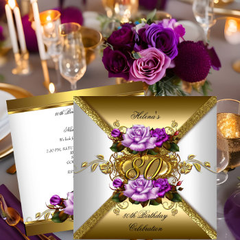 80th Birthday Party Elegant Purple Gold Roses 3 Invitation by Zizzago at Zazzle