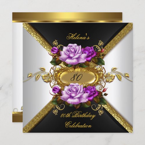 80th Birthday Party Elegant Purple Gold Roses 4 Invitation