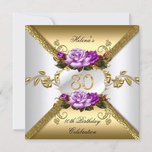 80th Birthday Party Elegant Purple Gold Roses A Invitation